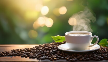 a steaming cup of coffee resting on a bed of roasted beans a warm and inviting scene with a green bokeh background