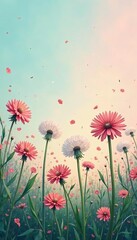 Vector pattern of dandelions blowing in the wind against a pastel colored backdrop, spring, wind