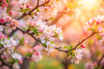 Obraz premium Spring flowers background in peach fuzz color. Blooming apple tree. Soft focus, springtime blossom freshness.