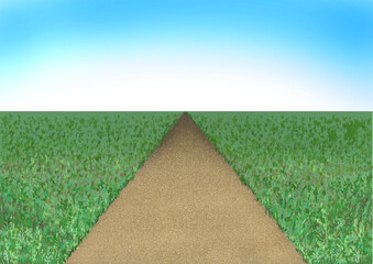 まっすぐな道と野原と青空の絵