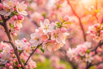 Spring flowers background in peach fuzz color. Blooming apple tree. Soft focus, springtime blossom freshness.
