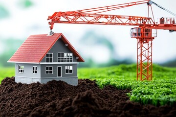 A construction crane lifting a model house on a green landscape