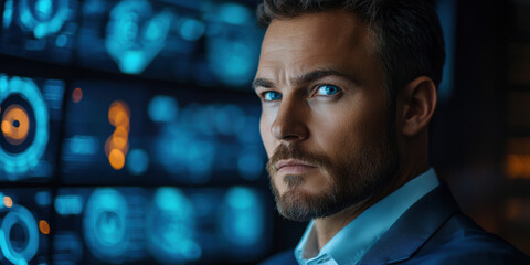 Intense focus analyst in high-tech control room corporate office portrait modern environment close-up data interpretation