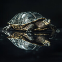 Fototapeta premium A conceptually striking, high-definition advertising image of a turtle with a polished automobile shell.