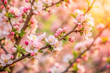 Spring flowers background in peach fuzz color. Blooming apple tree. Soft focus, springtime blossom freshness.