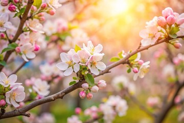Obraz premium Spring flowers background in peach fuzz color. Blooming apple tree. Soft focus, springtime blossom freshness.