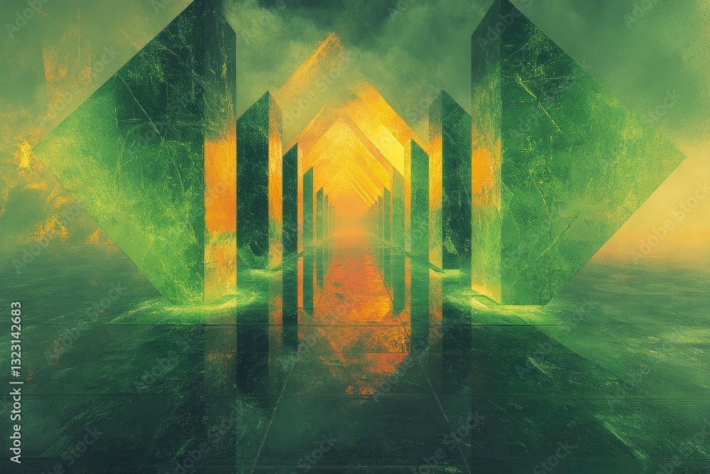 Poster a mysterious, glowing pathway lined with green and orange geometric structures under a hazy sky.