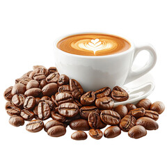 Freshly roasted coffee beans arranged with an elegant cup of coffee on a wooden surface ready for enjoyment isolated white background