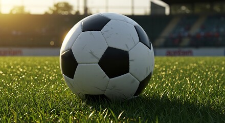 Fototapeta premium Soccer Ball on the Grass Field Illuminated by Sunlight Game Time