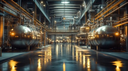 Fototapeta premium Industrial facility operations factory floor photography urban setting wide-angle view machinery and technology