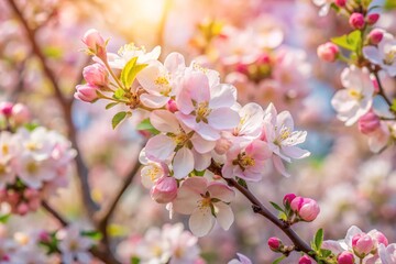 Obraz premium Spring flowers background in peach fuzz color. Blooming apple tree. Soft focus, springtime blossom freshness.