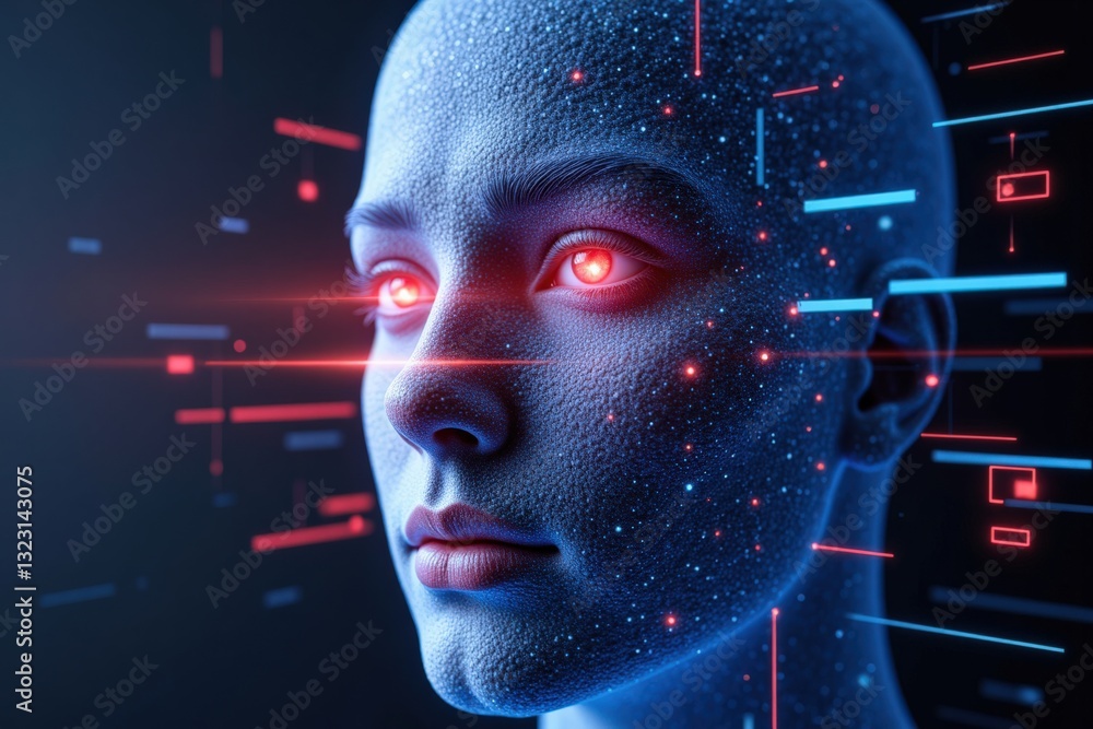 Poster a close-up of a futuristic feminine humanoid figure with glowing red eyes, exploring artificial inte