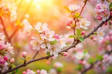 Obraz premium Spring flowers background in peach fuzz color. Blooming apple tree. Soft focus, springtime blossom freshness.