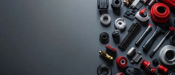 A collection of car parts and tools are displayed on a black background