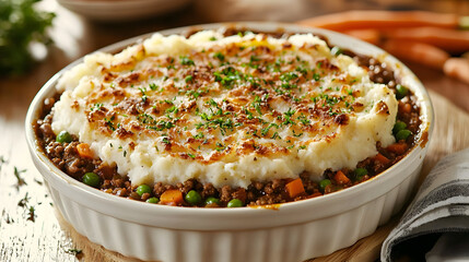 Savory Shepherd's Pie with Ground Lamb, Mashed Potatoes and Fresh Vegetables in a Rustic Dish