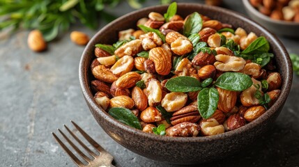 Obraz premium Fresh Nuts in a Bowl with Herbs and Fork