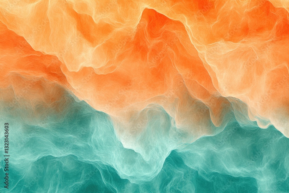 Poster abstract art depicting a blend of orange and teal, creating a dreamy, flowing landscape.