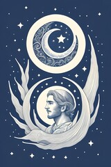 Fototapeta premium Surreal Celestial Moon and Stars Illustration in Night Sky, orbit, spiritual, mysticism, astrology, galactic, celestial body, starlit, moonlight, moon illustration, outer space, divine, metaphysical