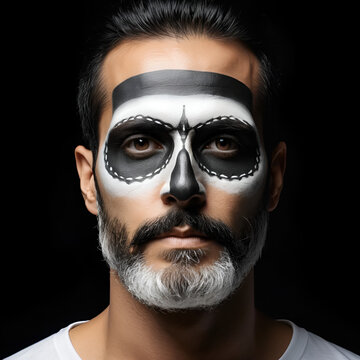 retrato de hombre muerto con ojos abiertos, cara de calavera rota y barba blanca sobre fondo negro
