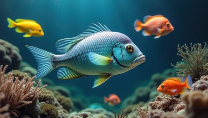 Naklejka premium Vibrant Underwater Scene: Colorful Fish and Coral Reef in Blurry Background. A group of colorful fish swimming in an aquarium.