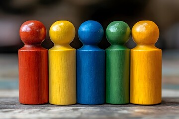 colorful wooden figurines standing in a row.