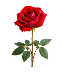 Red rose with green leaves isolated on transparent background