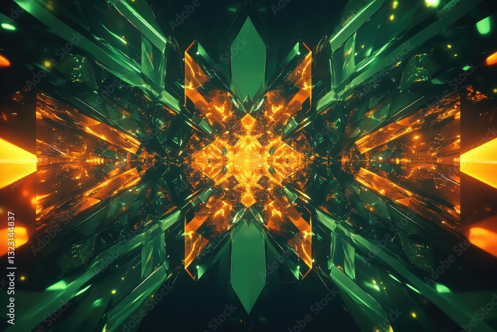 Poster abstract symmetrical artwork featuring glowing green and orange crystal structures forming a kaleido