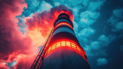 Red and White Smokestack Against Dramatic Sky