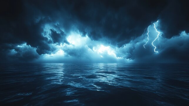 A coastal thunderstorm with heavy rain and dark storm clouds rolling in, while lightning brightens the horizon, striking the water with intense force.