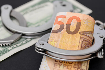 Banknoty euro leżące obok metalowych kajdanek, system więziennictwa w Europie, korupcja 