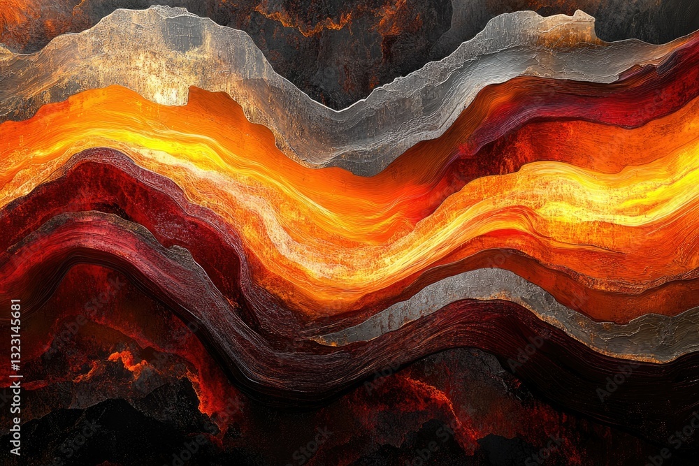 Poster abstract fiery landscape, molten lava flowing through layered rock formations, creating a dramatic a