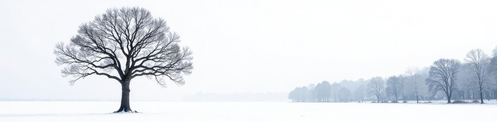 Isolated tree branch in stark contrast against a white snowy background with bare trees in the distance, branch, bare
