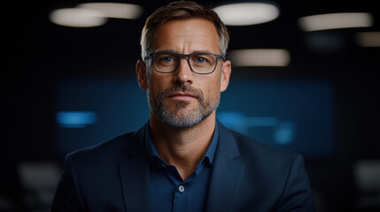 Fototapeta premium Professional man with glasses and beard presenting cloud security strategies during conference discussion session
