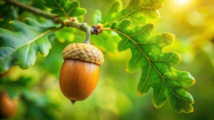 A single acorn nestled among leafy greens on a sturdy oak branch, acorns, woodlands, acorns