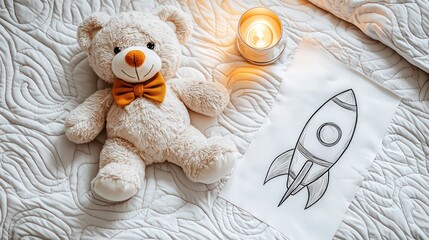 A teddy bear and rocket drawing beside a lit candle