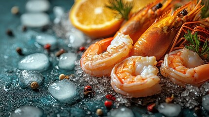 Fresh Seafood Variety on Ice Flat Lay