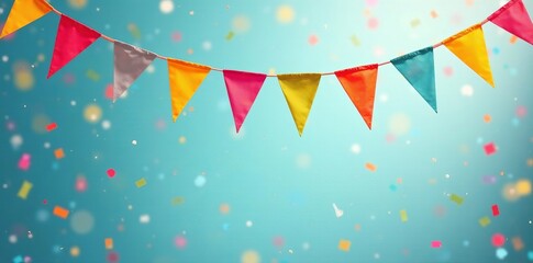 Vibrant bunting hanging above colorful confetti, party, decoration, festive