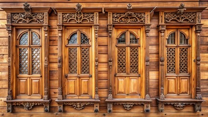 Obraz premium Traditional wooden sliding windows with decorative hinges and ornate frames in a rustic style , traditional wood windows, classic architecture