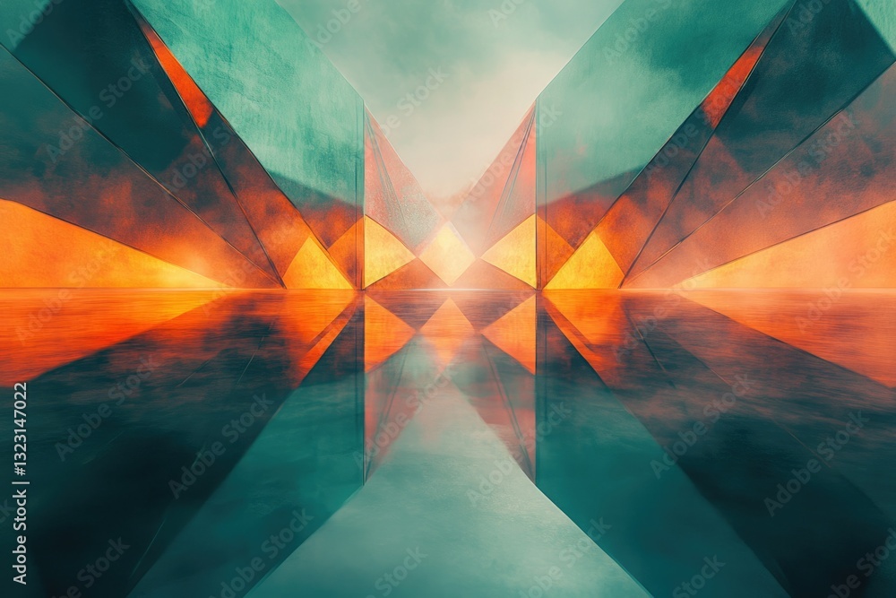 Aufkleber abstract geometric structure with orange and teal hues reflecting in a glossy floor, creating a symm