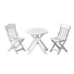 Stylish white plastic outdoor table accompanied by two matching chairs ideal for patio or garden relaxation and dining isolated white background