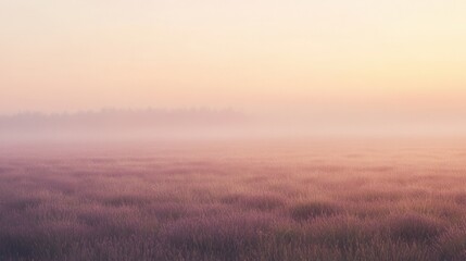Obraz premium Serene lavender field bathed in golden light at sunrise with soft mist and minimalistic aesthetic