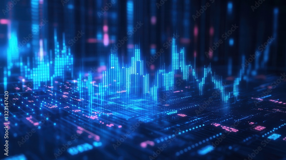 Poster abstract digital stock market data representation with blue and pink graph lines visualizing trends 