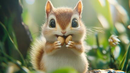 Obraz premium A fluffy squirrel with huge eyes holding two peanuts to eat