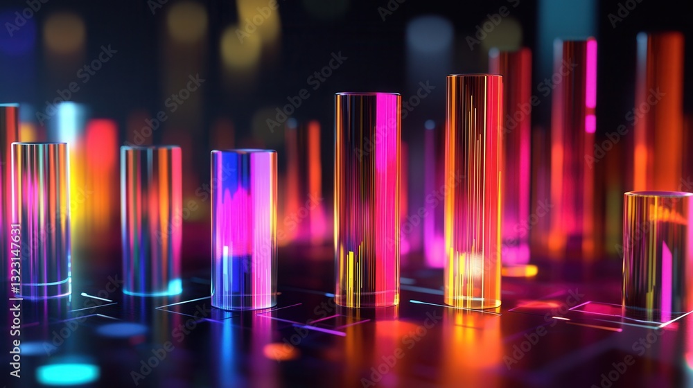 Poster vibrant abstract visualization of colorful neon cylinders with light reflections and bokeh effects