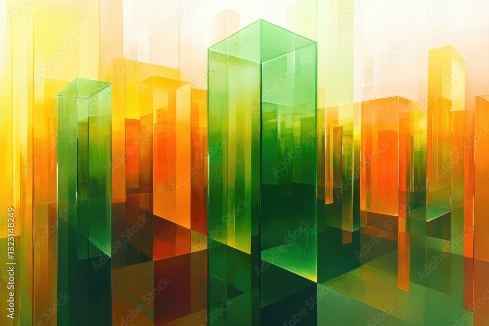 Poster abstract cityscape rendered in vibrant green and orange translucent glass blocks, creating a mesmeri