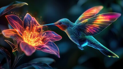 Luminous hummingbird with vibrant neon coloration hovering near a radiant flower