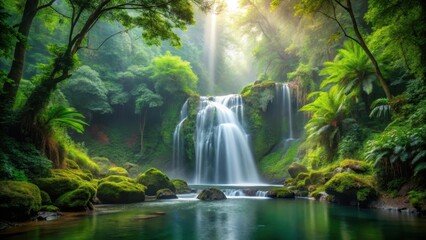 Obraz premium Waterfall in misty forest, peaceful scene, lush greenery, peaceful scene, lush greenery, bokeh background