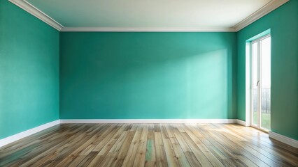 Fototapeta premium Empty room with turquoise walls and wooden floor in a serene atmosphere, calm, wooden floor, calm