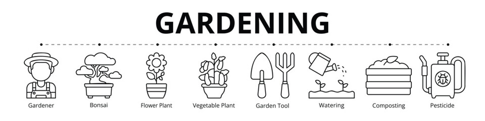 Gardening Line Banner Web Icon Set Vector Illustration, Gardener Bonsai Flower Plant Vegetable Plant Garden Tool Watering Composting Pesticide