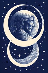 Fototapeta premium Surreal Celestial Moon and Stars Illustration in Night Sky, orbit, spiritual, mysticism, astrology, galactic, celestial body, starlit, moonlight, moon illustration, outer space, divine, metaphysical
